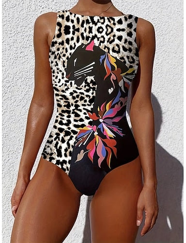 Swimwear One Piece Monokini Briefs Swimsuit Tummy Control High Waist Slim Backless Vacation Beach Wear Graphic Animal Round Neck Sleeveless Bathing Suits