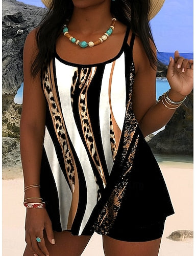 Tankini 2 Piece Swimsuit Palm High Waist Backless Vacation Beach Wear Graphic Geometic U Neck Sleeveless Bathing Suits