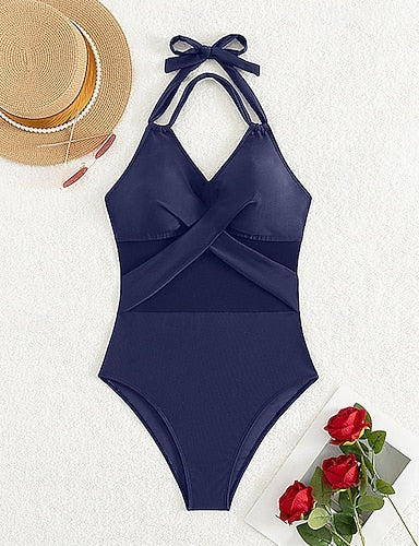 Bathing Suit One Piece Swimsuits Mesh Swimwear Colored Swimwear Blue Black Uv Protection Breathable Sleeveless - Surfing Beach Vacation Summer