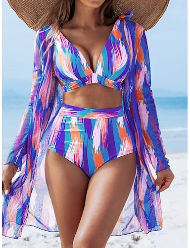 Bikini 3 Piece Swimsuit Shorts Slim Backless Vacation Beach Wear Color Block V Neck Sleeveless Bathing Suits