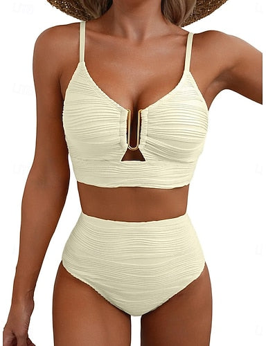 Swimwear Bikini 2 Piece High Waist Swimsuit Ruched Backless Vacation Beach Wear Plain V Neck Sleeveless Bathing Suits