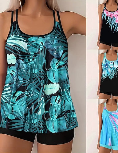 Tankini 2 Piece Swimsuit Palm Shorts Tummy Control High Waist Slim Backless Vacation Beach Wear Ombre Geometic U Neck Sleeveless Bathing Suits
