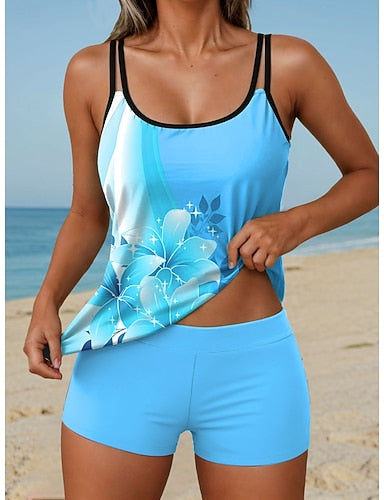 Tankini 2 Piece Swimsuit High Waist Backless Vacation Beach Wear Ombre U Neck Sleeveless Bathing Suits