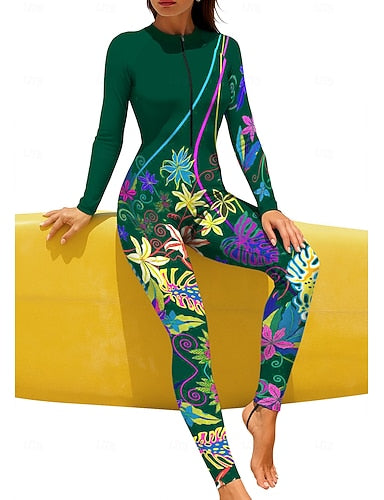 Regular Rash Guard Full Body Rash Guard Bathing Suit Tropical Color-blocking With Built in Bra Front Zip Uv Sun Protection Upf50+ Stretchy Full Body Swimwear Surfing Canoeing Beach
