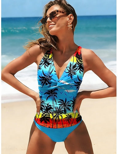 Tankini 2 Piece Swimsuit Slimming Palm Shorts Backless Vacation Beach Wear Graphic Tropical V Neck Sleeveless Bathing Suits