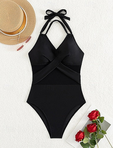 Bathing Suit One Piece Swimsuits Mesh Swimwear Colored Swimwear Blue Black Uv Protection Breathable Sleeveless - Surfing Beach Vacation Summer