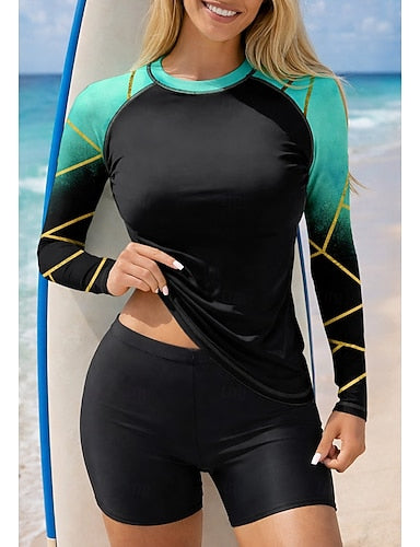 Rash Guard Swimsuit Rash Guard Tankini Swimsuits Gradient Stripes 2 Piece Removable Pad Boyleg Uv Sun Protection Upf50+ Uv Protection Long Sleeve Swimwear Sun Shirt Surfing Canoeing Water