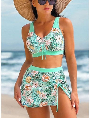 Swimwear Bikini 2 Piece Skirt Swimsuit Tummy Control High Waist Slim Backless Vacation Graphic Scoop Neck Sleeveless Bathing Suits