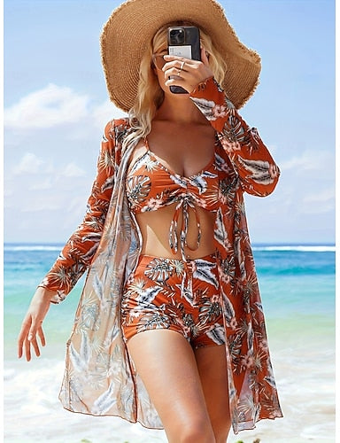 Bikini 3 Piece Swimsuit Shorts Slim Backless Vacation Beach Wear Graphic V Neck Sleeveless Long Sleeve Bathing Suits