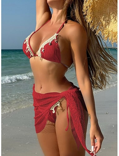 Swimwear Bikini Three Piece Skirt Swimsuit Slim Backless Vacation Beach Wear Color V Neck Sleeveless Bathing Suits