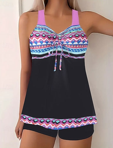 Swimwear 2 Piece Shorts Swimsuit Backless Vacation Beach Wear Graphic Round Neck Sleeveless Bathing Suits