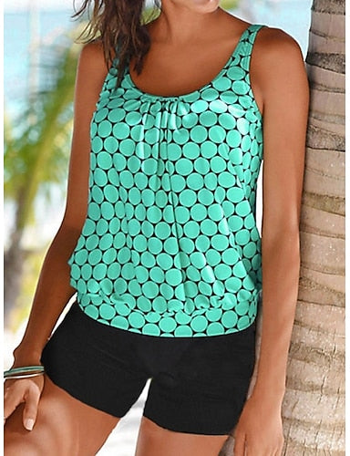 Swimwear Tankini 2 Piece High Waist Swimsuit Tummy Control High Waist Slim Backless Vacation Beach Wear Geometic V Neck Sleeveless Bathing Suits