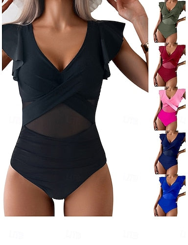 Swimwear One Piece High Cut Swimsuit Patchwork Backless Vacation Beach Wear Plain V Neck Sleeveless Bathing Suits