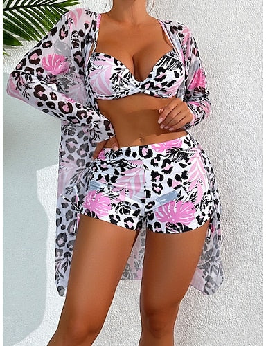 Bikini 3 Piece Swimsuit Underwire Leopard Shorts Slim Backless Vacation Beach Wear V Neck Sleeveless Bathing Suits