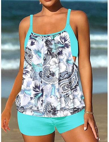 Tankini 2 Piece Swimsuit High Waist Tummy Control High Waist Slim Backless Vacation Beach Wear Graphic U Neck Sleeveless Bathing Suits