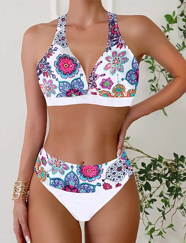 Swimwear Bikini Tankini 2 Piece Cheeky Swimsuit Deep V Push Up Knitted Vacation Tropical Color Block Plunge Sleeveless Bathing Suits