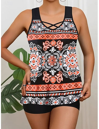 Swimwear Tankini 2 Piece Boy Leg Swimsuit Backless High Waist Vacation Beach Wear V Neck Sleeveless Bathing Suits
