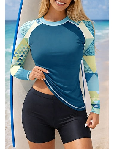 Rash Guard Swimsuit Rash Guard Tankini Swimsuits Geometric Color-blocking 2 Piece Removable Pad Boyleg Uv Sun Protection Upf50+ Uv Protection Long Sleeve Swimwear Sun Shirt Surfing Canoeing