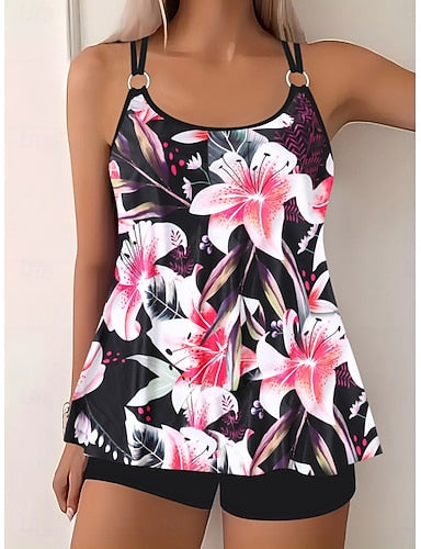 Tankini 2 Piece Swimsuit Shorts Tummy Control High Waist Slim Backless Vacation Beach Wear Ombre U Neck Sleeveless Bathing Suits