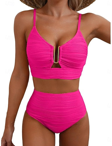 Swimwear Bikini 2 Piece High Waist Swimsuit Ruched Backless Vacation Beach Wear Plain V Neck Sleeveless Bathing Suits