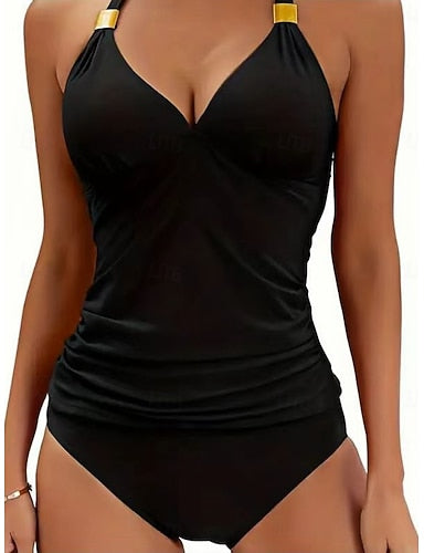 Tankini 2 Piece Swimsuit Ruched Briefs Tummy Control High Waist Slim Backless Vacation Beach Wear Color Halter Neck Sleeveless Bathing Suits