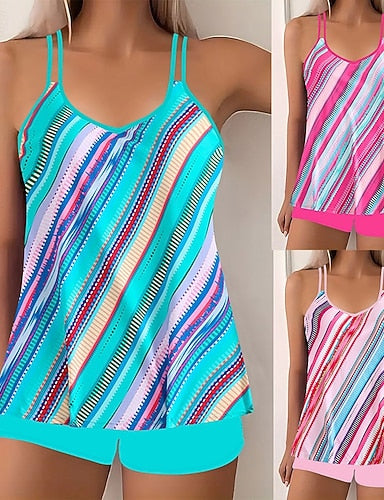 Swimwear 2 Piece Shorts Swimsuit Backless Vacation Beach Wear Striped Round Neck Sleeveless Bathing Suits