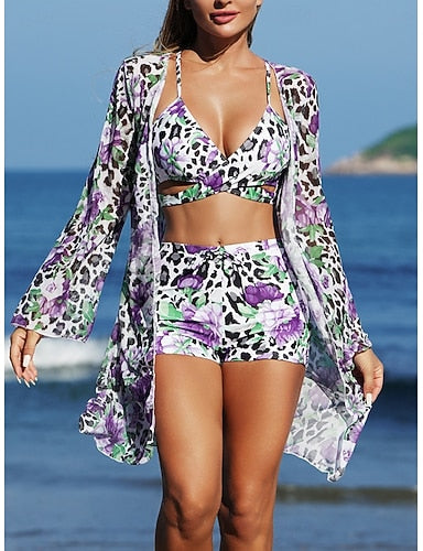 Bikini 3 Piece Swimsuit Shorts Slim Backless Vacation Beach Wear V Neck Sleeveless Bathing Suits