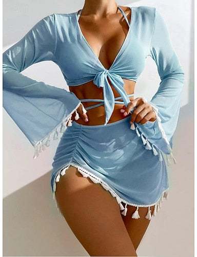 Bikini Swimsuit With Skirt Cheeky Slim Backless Vacation Beach Wear Color V Neck Long Sleeve Bathing Suits