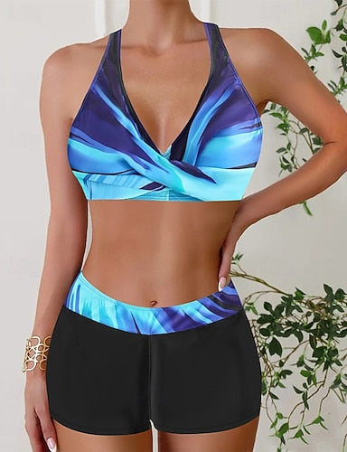 Swimwear 2 Piece Shorts Swimsuit Backless Vacation Beach Wear Geometic V Neck Sleeveless Bathing Suits