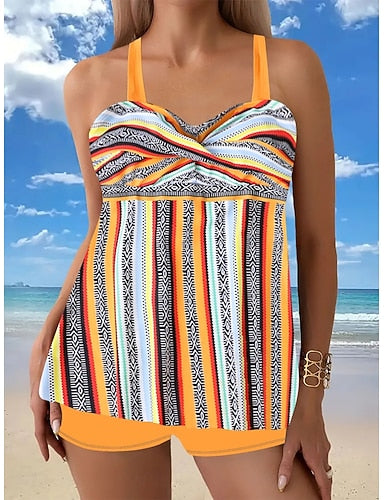 Tankini 2 Piece Swimsuit Shorts Tummy Control High Waist Slim Backless Vacation Beach Wear Geometric Striped V Neck Sleeveless Bathing Suits