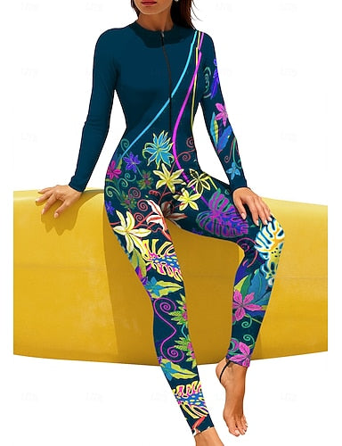 Regular Rash Guard Full Body Rash Guard Bathing Suit Tropical Color-blocking With Built in Bra Front Zip Uv Sun Protection Upf50+ Stretchy Full Body Swimwear Surfing Canoeing Beach