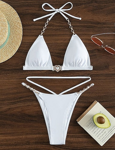 Swimwear 2 Piece Cheeky Swimsuit Backless Vacation Beach Wear Color Halter Neck Sleeveless Bathing Suits