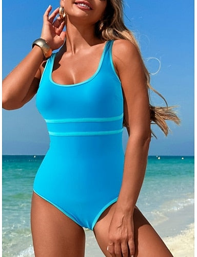 One Piece Swimsuit Slimming Colorblock Monokini Tummy Control High Waist Slim Backless Vacation Beach Wear Stripe U Neck Sleeveless Bathing Suits
