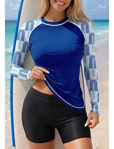 Medium Rash Guard Swimsuit Rash Guard Tankini Swimsuits Geometric Color-blocking 2 Piece Removable Pad Boyleg Uv Sun Protection Upf50+ Elastic Long Sleeve Swimwear Sun Shirt Surfing Canoeing