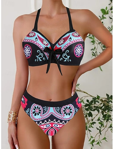 Bikini 2 Piece Swimsuit Cheeky Slim Backless Vacation Beach Wear Graphic Color Block Halter Neck Sleeveless Bathing Suits