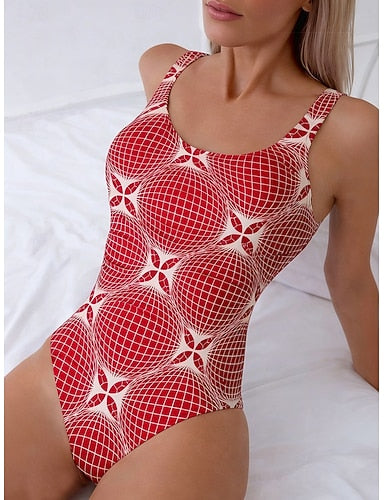 Swimwear One Piece Briefs Swimsuit Beach Wear Summer Graphic Geometic Scoop Neck Sleeveless Bathing Suits