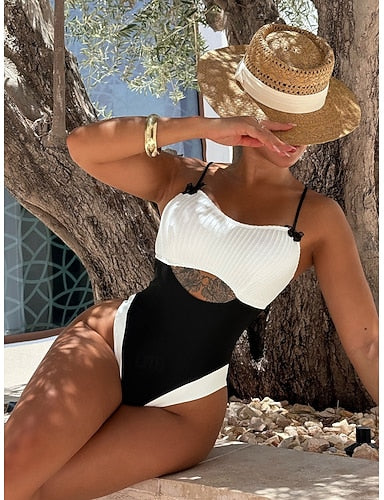 One Piece Swimsuit Cutout Underwire Colorblock Monokini Tummy Control High Waist Slim Backless Vacation Beach Wear Color Block V Neck Sleeveless Bathing Suits