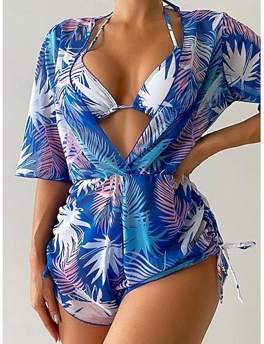 Swimwear Bikini Three Piece Cheeky Swimsuit Slim Backless Vacation Beach Wear Graphic Plunge Sleeveless Bathing Suits