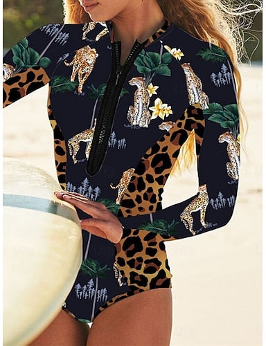 One Piece Swimsuit Zip Front Palm Monokini Zip Up Tummy Control High Waist Slim Vacation Beach Wear Graphic High Neck Long Sleeve Bathing Suits