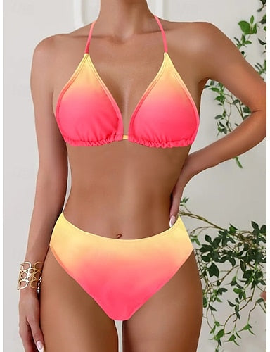 Bikini 2 Piece Swimsuit Briefs Tummy Control High Waist Slim Backless Vacation Beach Wear Ombre Halter Neck Sleeveless Bathing Suits
