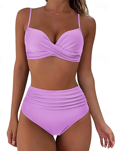 Ruched Swimsuit Bikini Sets Swimwear Colored Swimwear Light Pink Black Breathable Sleeveless - Surfing Beach Swimming Summer