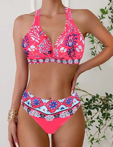 Swimwear Bikini Tankini 2 Piece Cheeky Swimsuit Deep V Push Up Knitted Vacation Tropical Color Block Plunge Sleeveless Bathing Suits