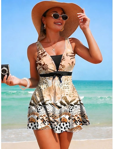 Tankini 2 Piece Swimsuit With Skirt Skirt Tie Front Vacation Beach Wear Graphic V Neck Sleeveless Bathing Suits