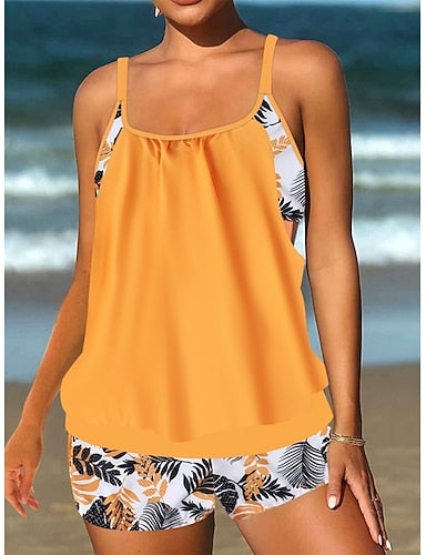 Tankini 2 Piece Swimsuit High Waist Tummy Control High Waist Slim Backless Vacation Beach Wear Graphic U Neck Sleeveless Bathing Suits
