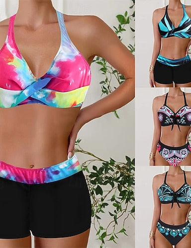 Bikini 2 Piece Swimsuit Cheeky Slim Backless Vacation Beach Wear Graphic Color Block Halter Neck Sleeveless Bathing Suits