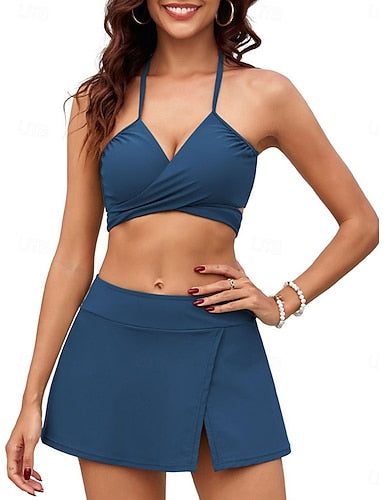 Bikini 2 Piece Swimsuit With Skirt Skirt Slim Backless Vacation Beach Wear Striped Halter Neck Sleeveless Bathing Suits