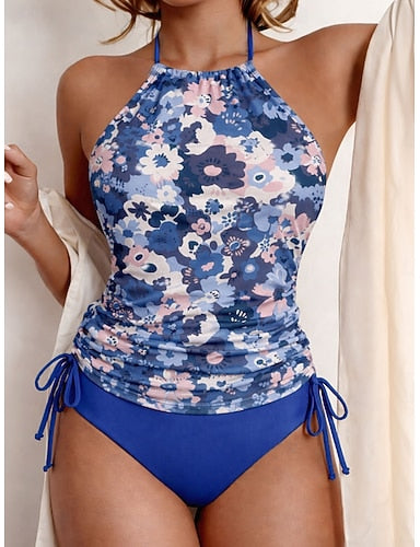 Swimwear Tankini 2 Piece Cheeky Swimsuit Drawstring Vacation Beach Wear Graphic Halter Neck Sleeveless Bathing Suits