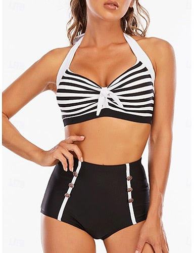 Swimwear Bikini 2 Piece High Waist Swimsuit Slim Backless Vacation Beach Wear Stripe Halter Neck Sleeveless Bathing Suits