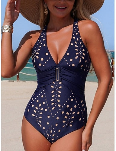 Swimwear One Piece Monokini Swimsuit Slim Backless Vacation Beach Wear Graphic V Neck Sleeveless Bathing Suits