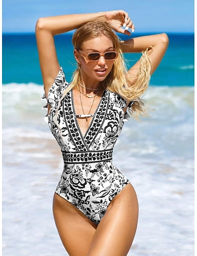 Swimwear One Piece Briefs Swimsuit Cutout Slimming Uv Protection Plunge 3d Active Graphic V Neck Sleeveless Bathing Suits